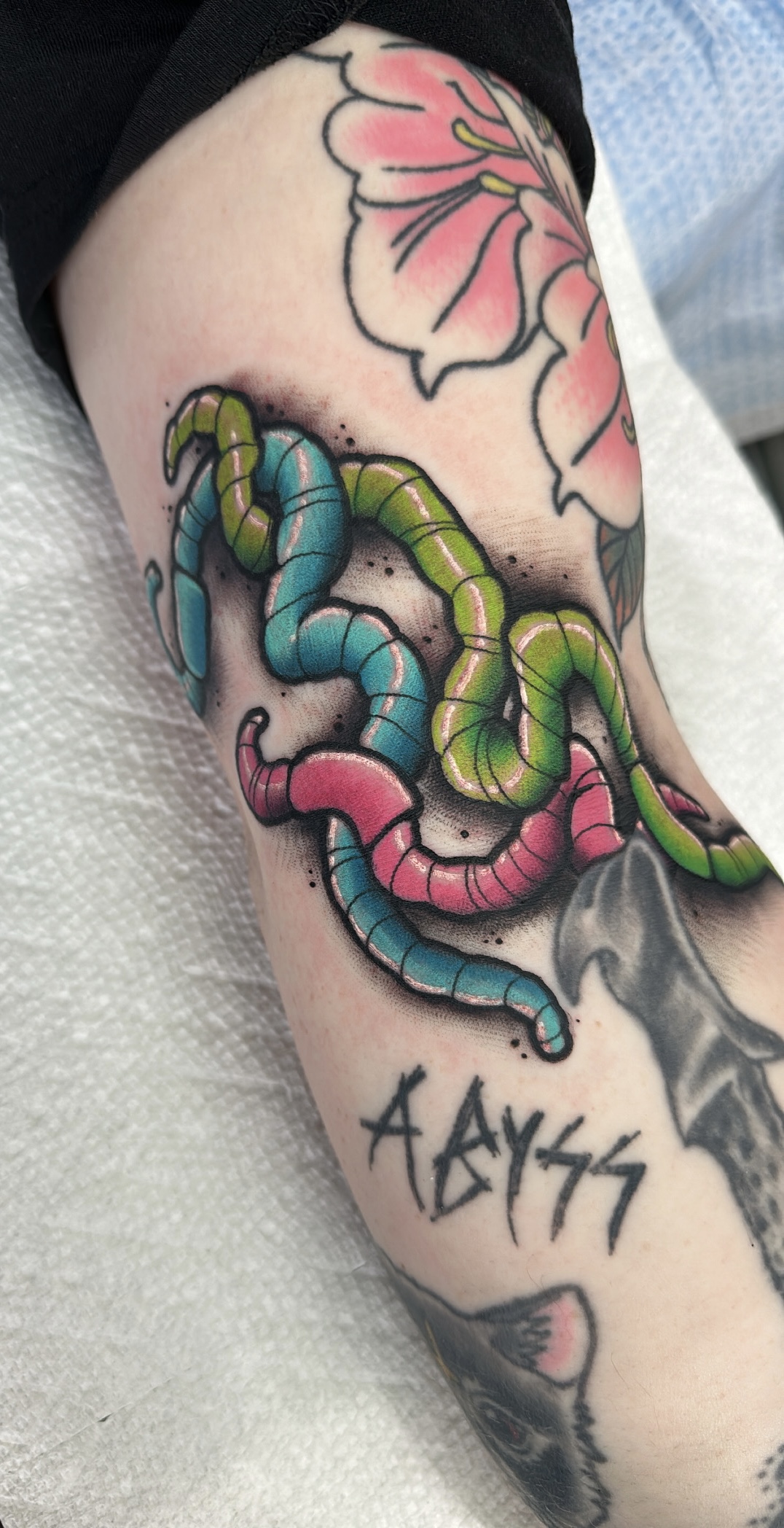 Snake with hibiscus, neo traditional botanical tattoo by Mariella